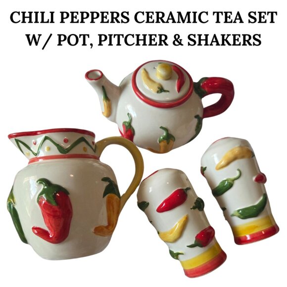 RARE FIND & VINTAGE CHILI PEPPER CERAMIC TEA SET WITH POT, PITCHER, & SHAKERS - Picture 1 of 2
